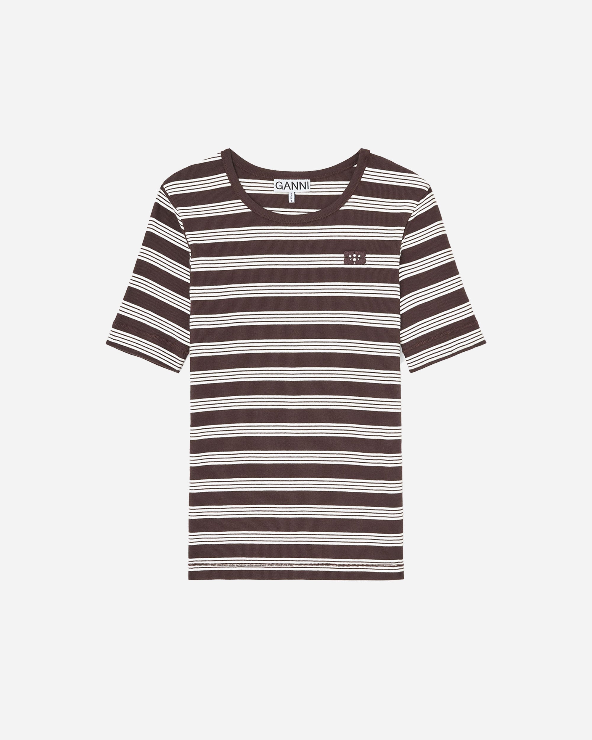 GANNI Soft Cotton Rib Short Sleeve T-Shirt Stripe Mole A1050193
