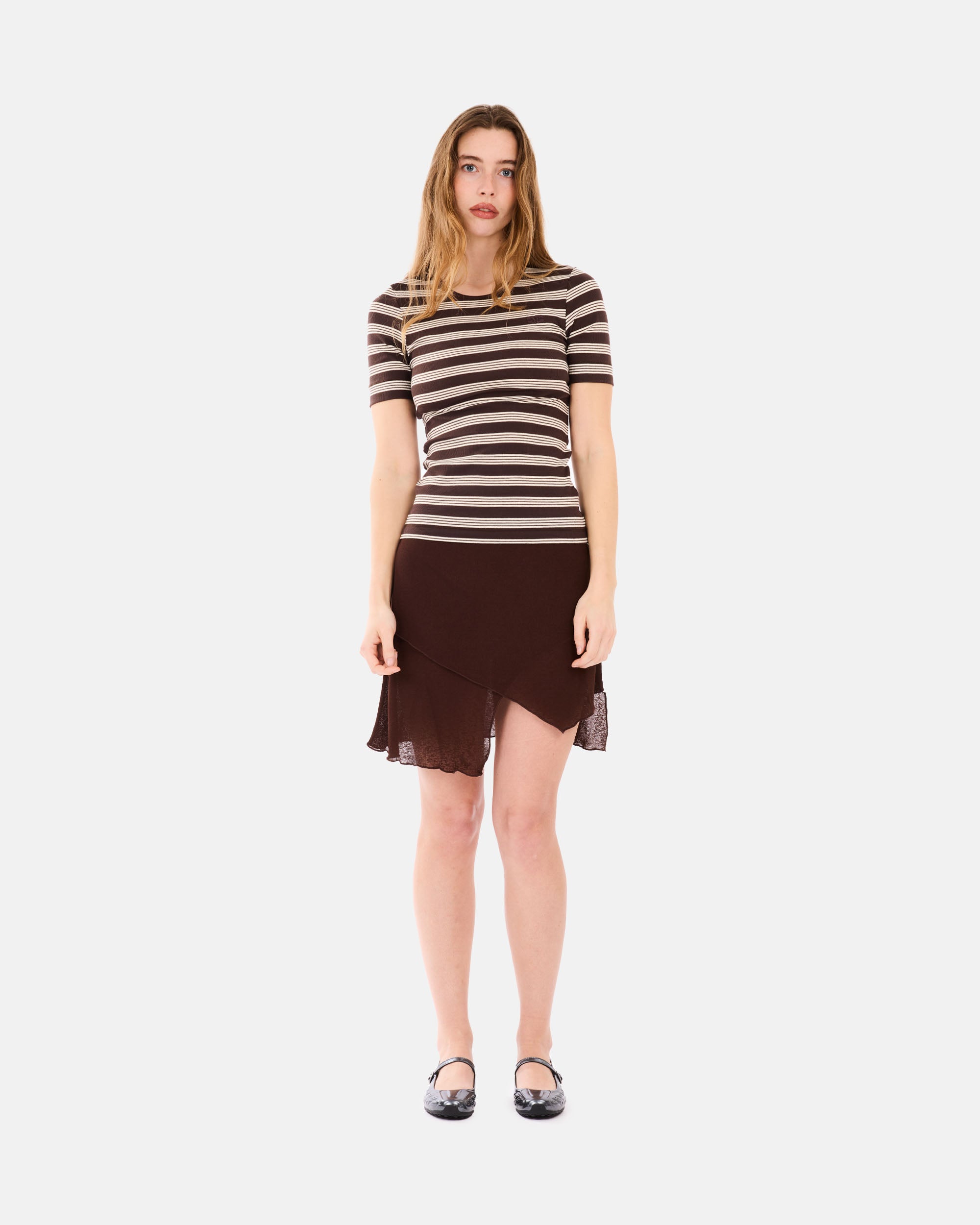 GANNI Soft Cotton Rib Short Sleeve T-Shirt Stripe Mole A1050193