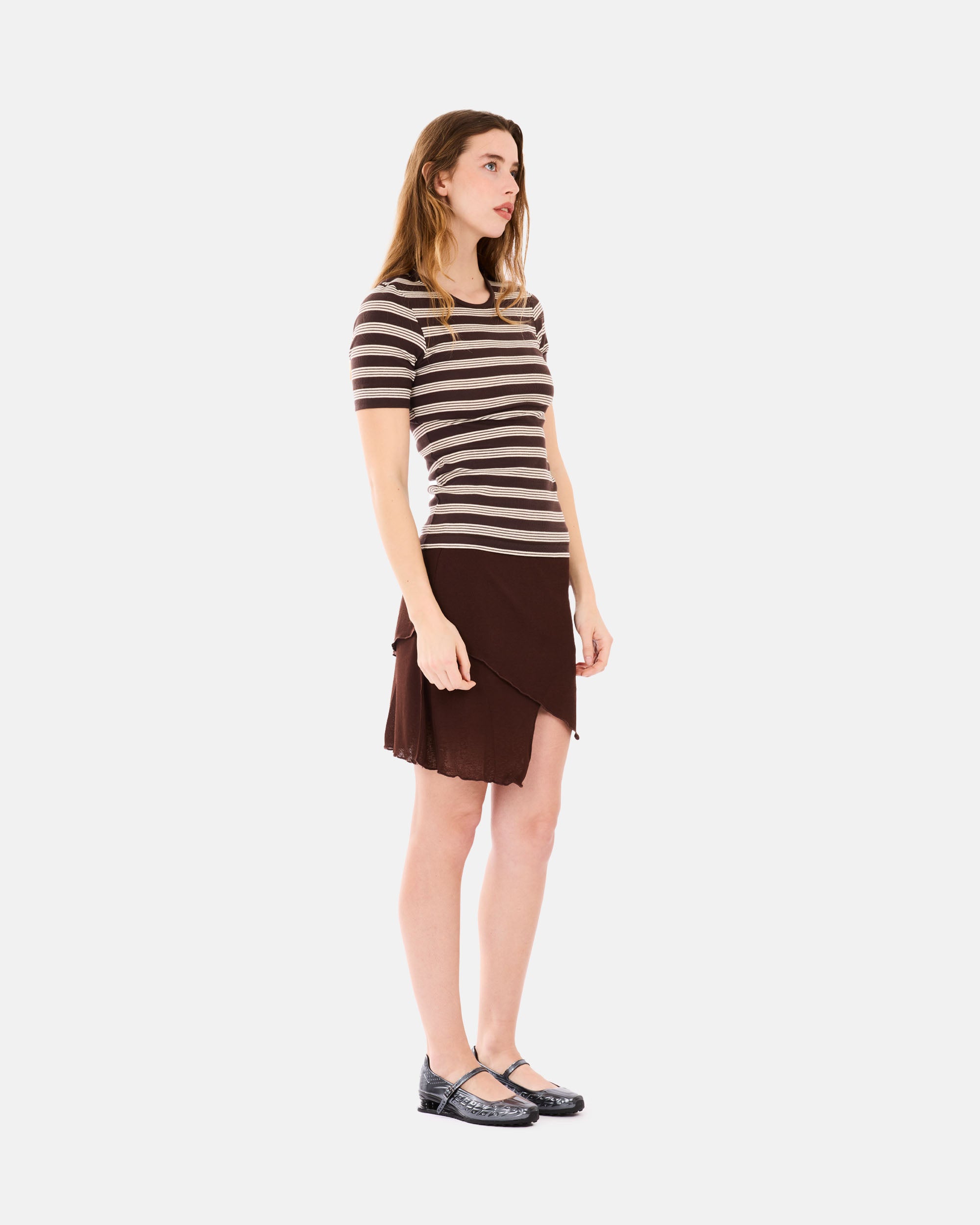 GANNI Soft Cotton Rib Short Sleeve T-Shirt Stripe Mole A1050193