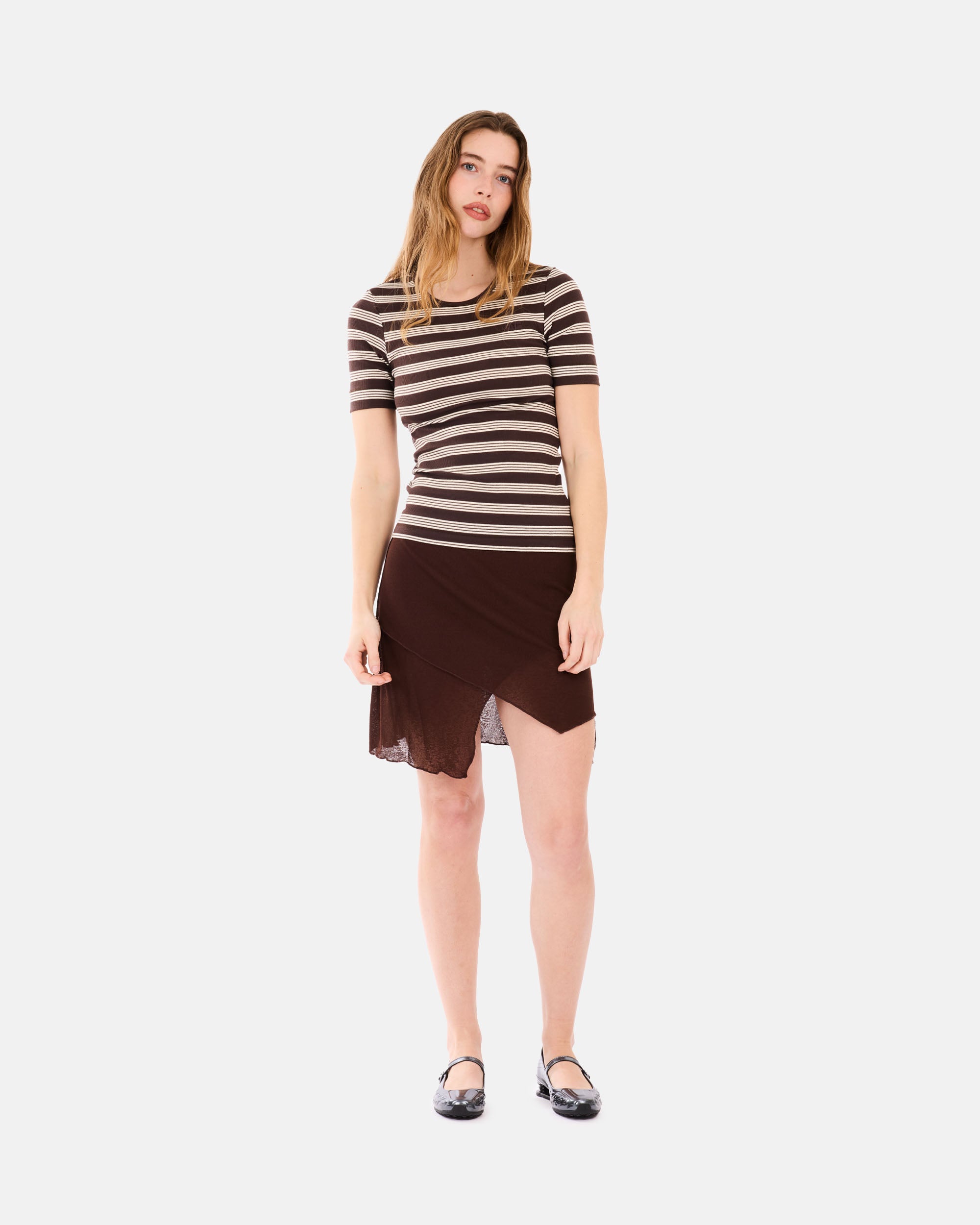 GANNI Soft Cotton Rib Short Sleeve T-Shirt Stripe Mole A1050193