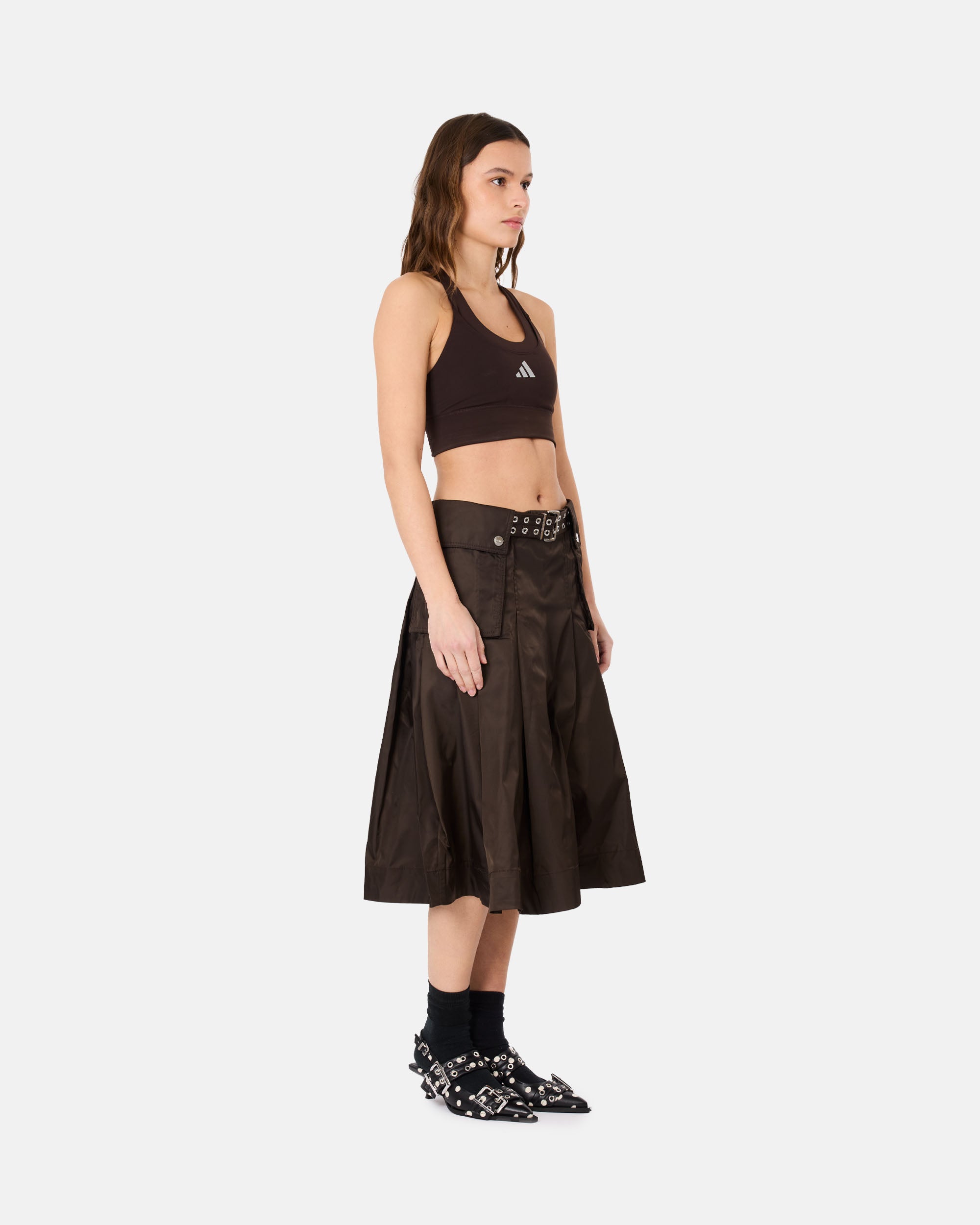 GANNI Duchesse Nylon Midi Pleated Pocket Skirt Demitasse A1090054-ZWX