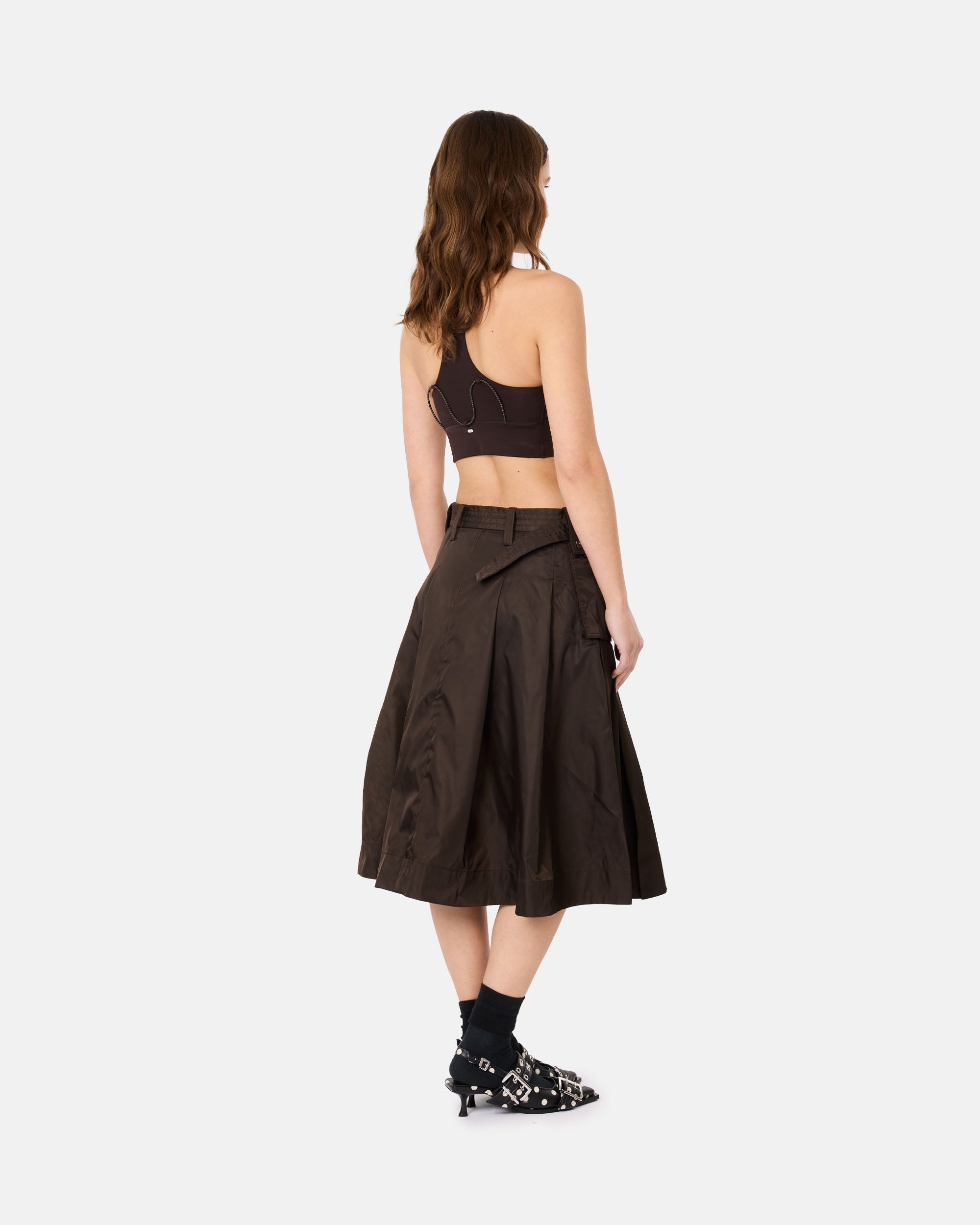 GANNI Duchesse Nylon Midi Pleated Pocket Skirt Demitasse A1090054-ZWX