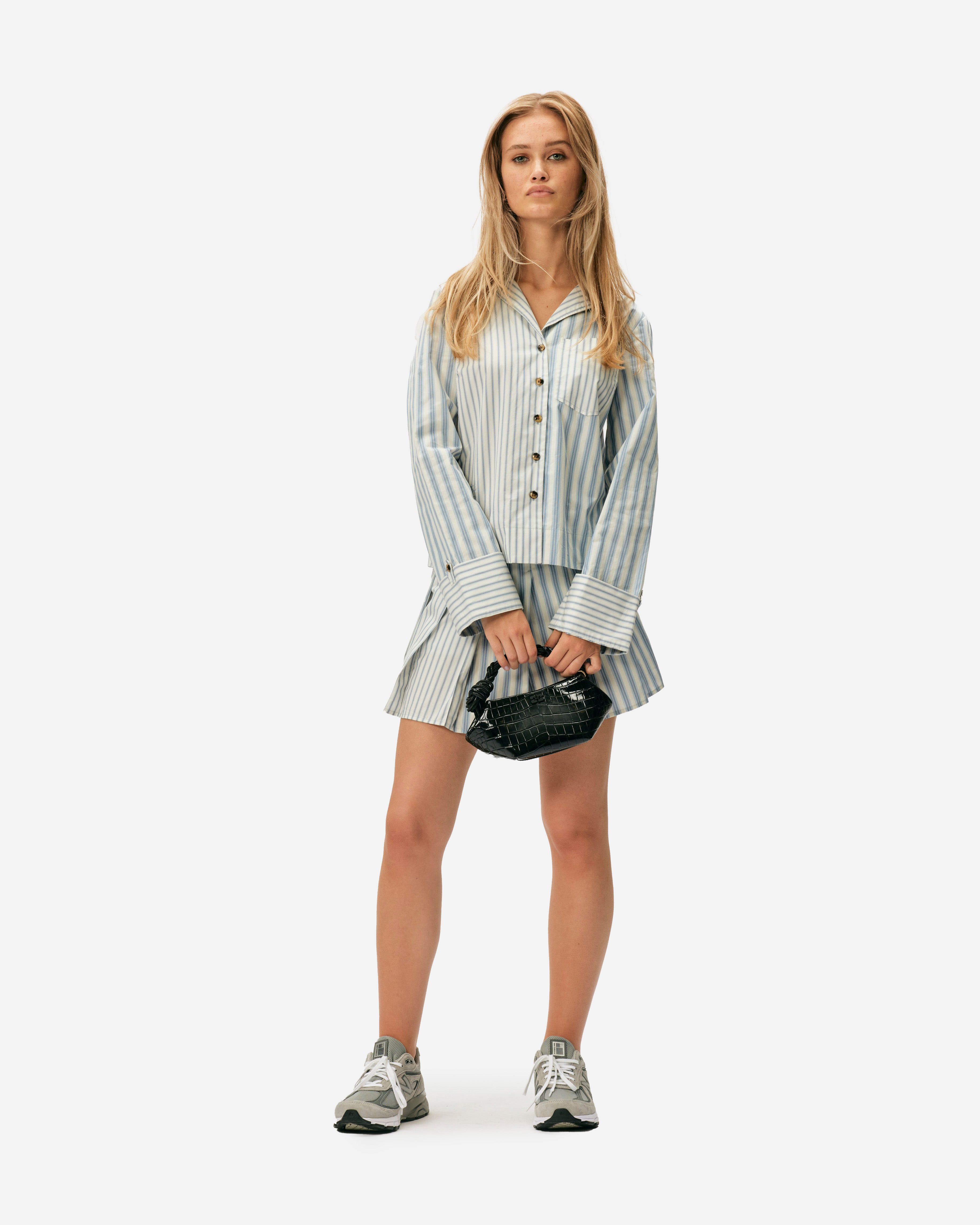 GANNI Stripe Cotton Pleated Mini Skirt Egret F9599-135