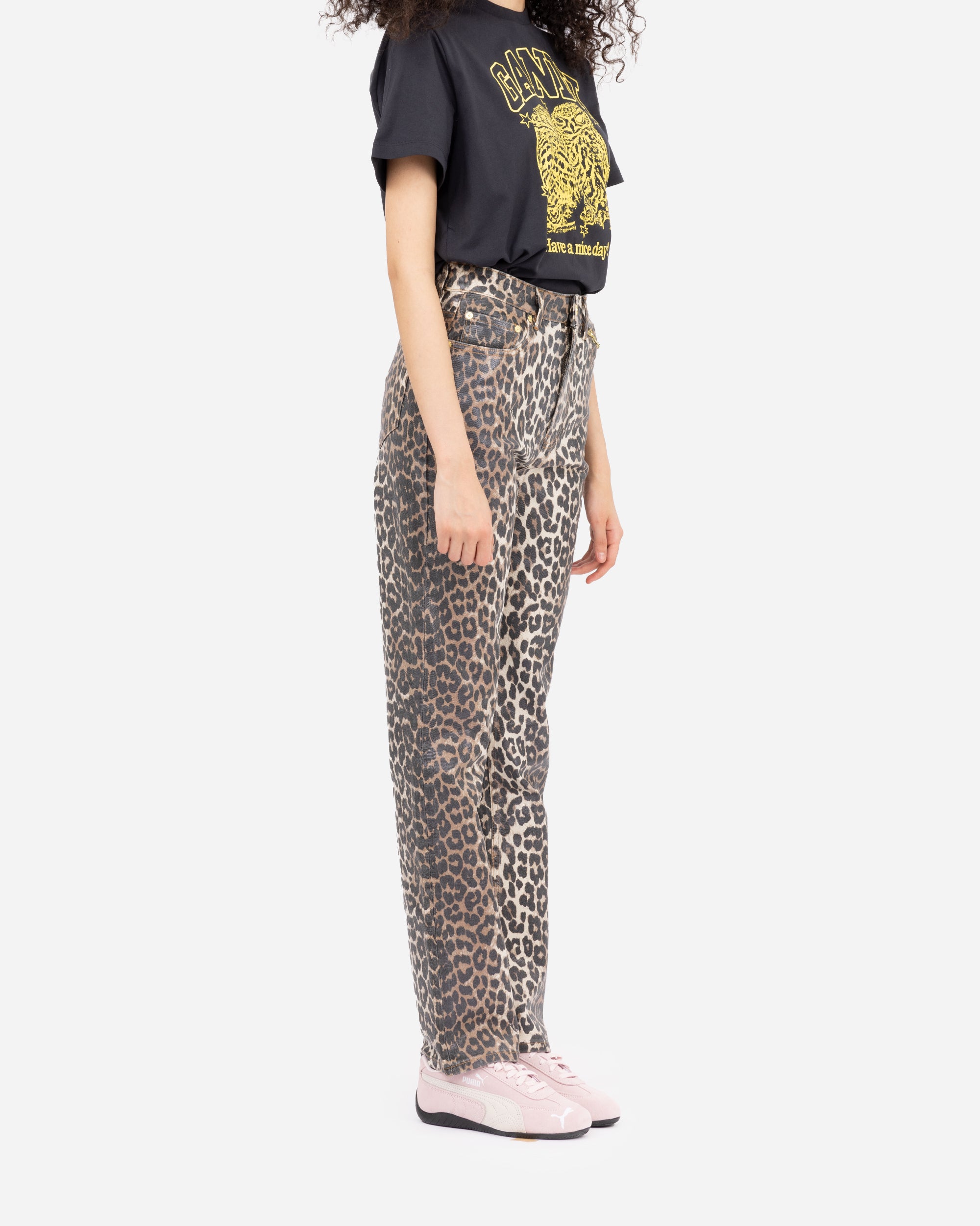 GANNI Foil Print Denim Carri Chain Leopard J1608