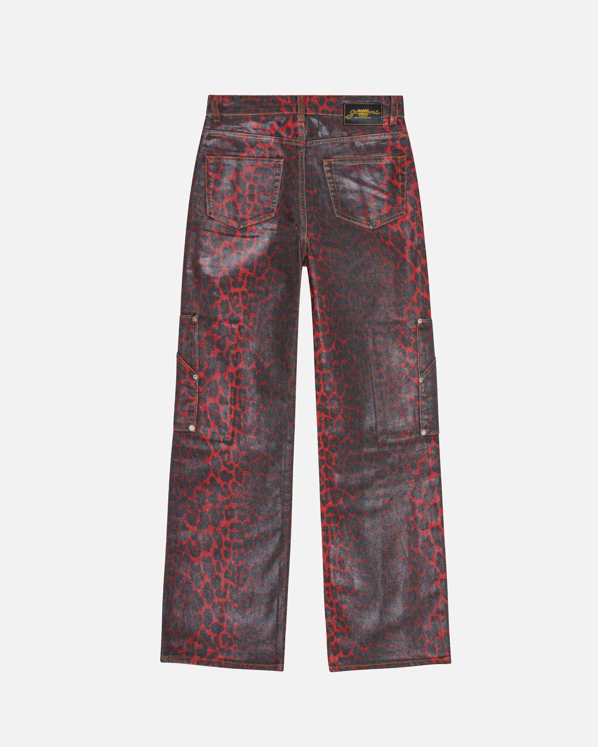 GANNI Foil Denim Andi Cargo Jeans Racing Red J1680