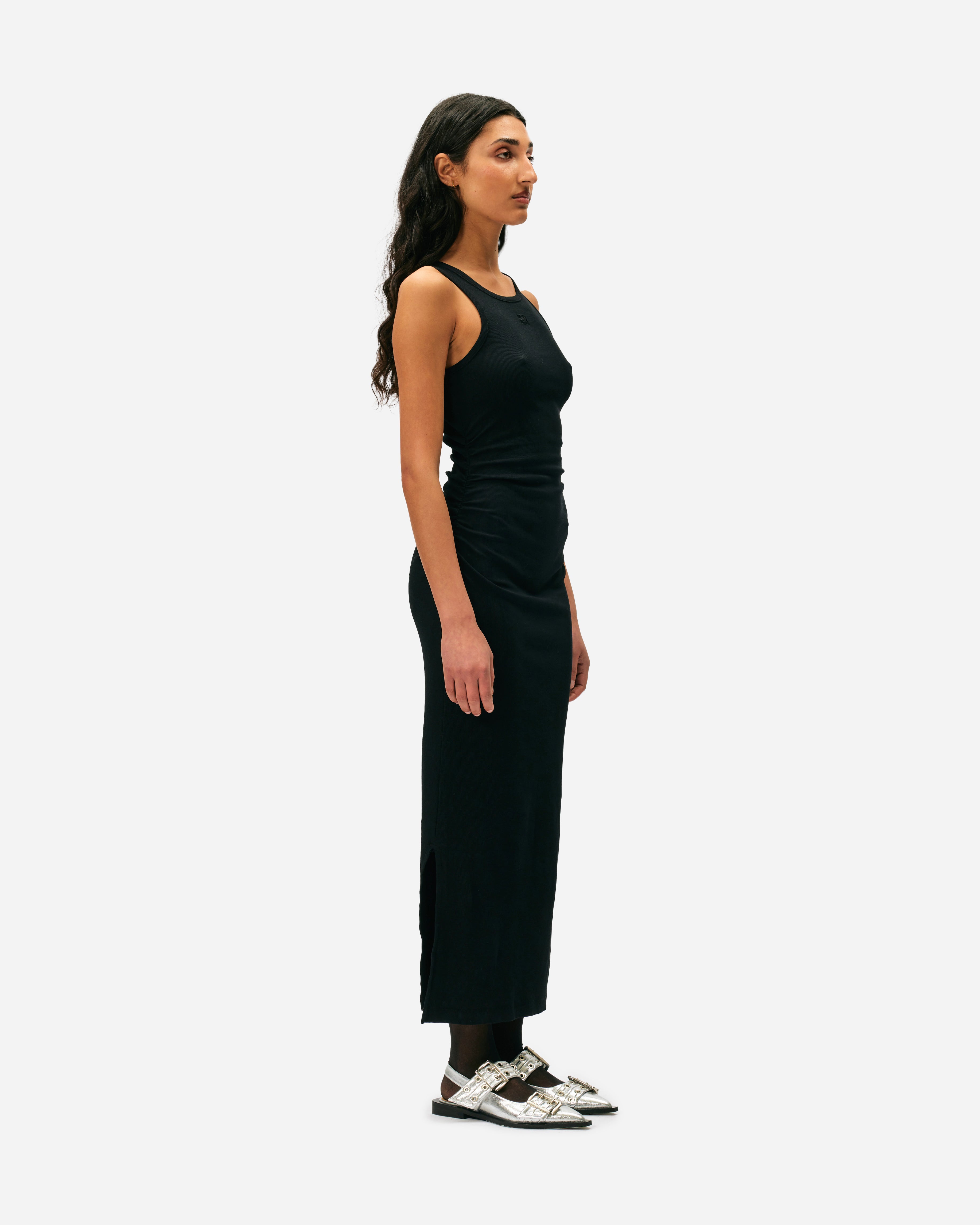 GANNI Soft Cotton Rib Tank Top Long Dress Black T3935