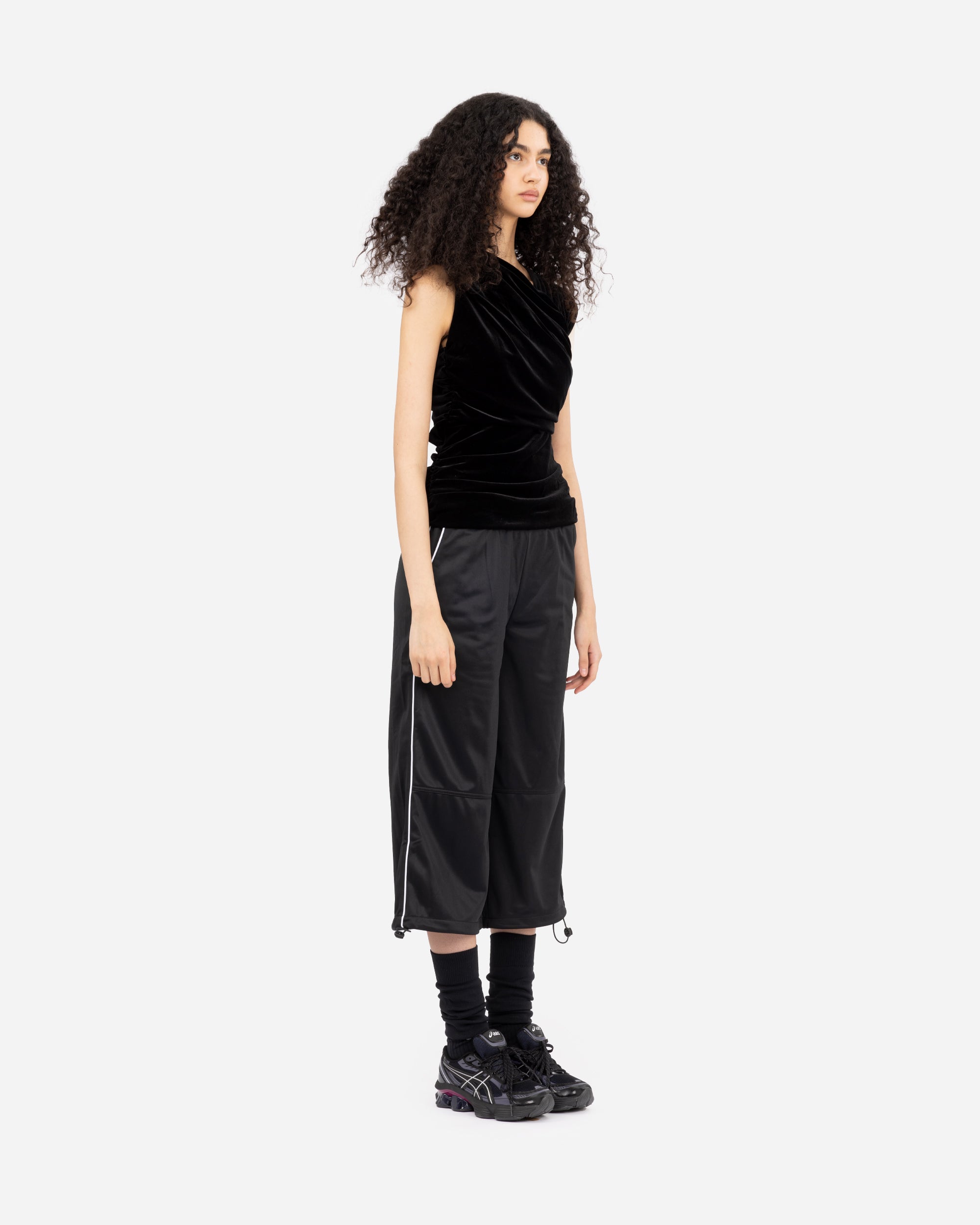 GANNI Velvet Jersey Ruched Crossover Blouse Black T4103