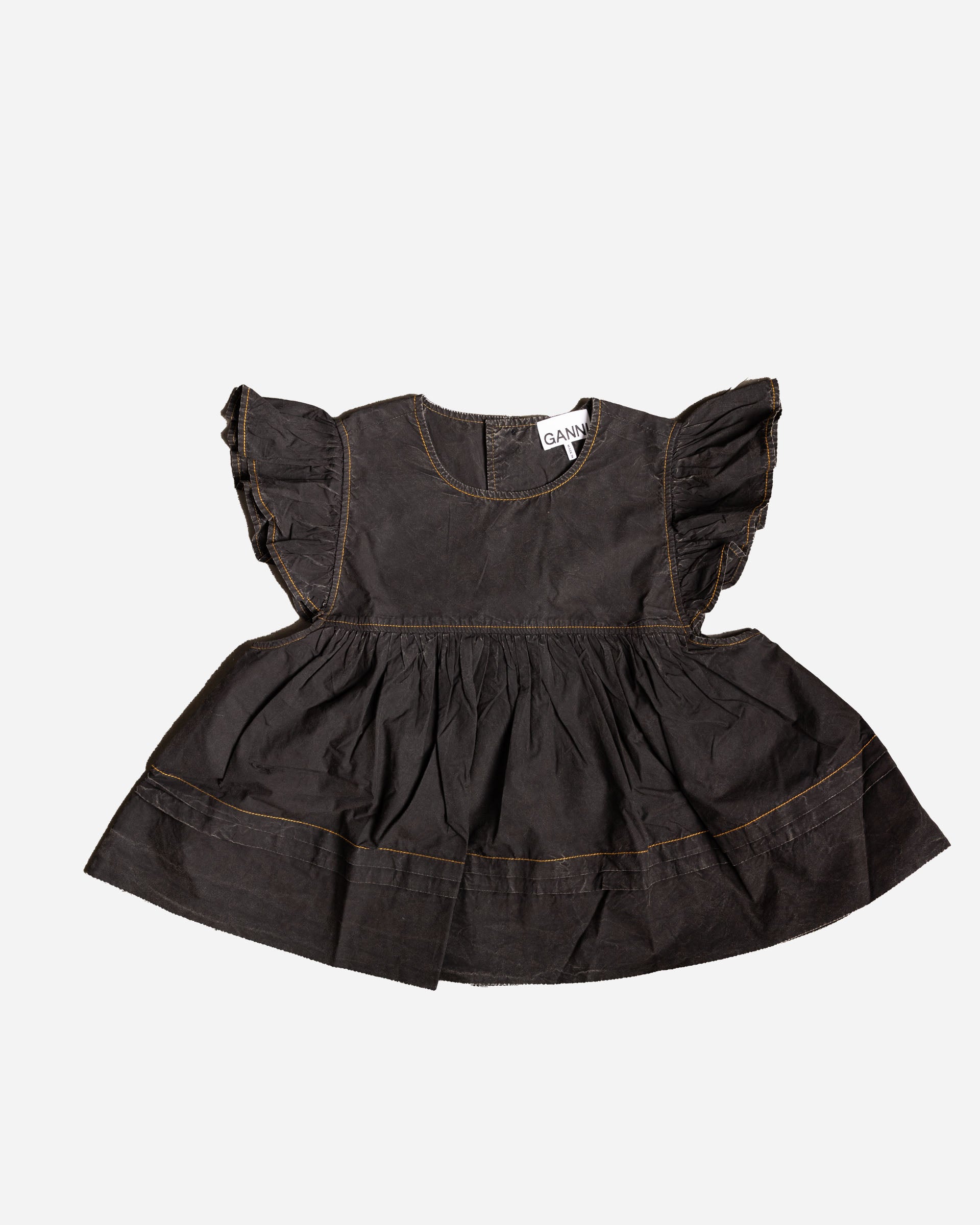 GANNI Garment Dyed Cotton Frill Sleeve Top Black W0587