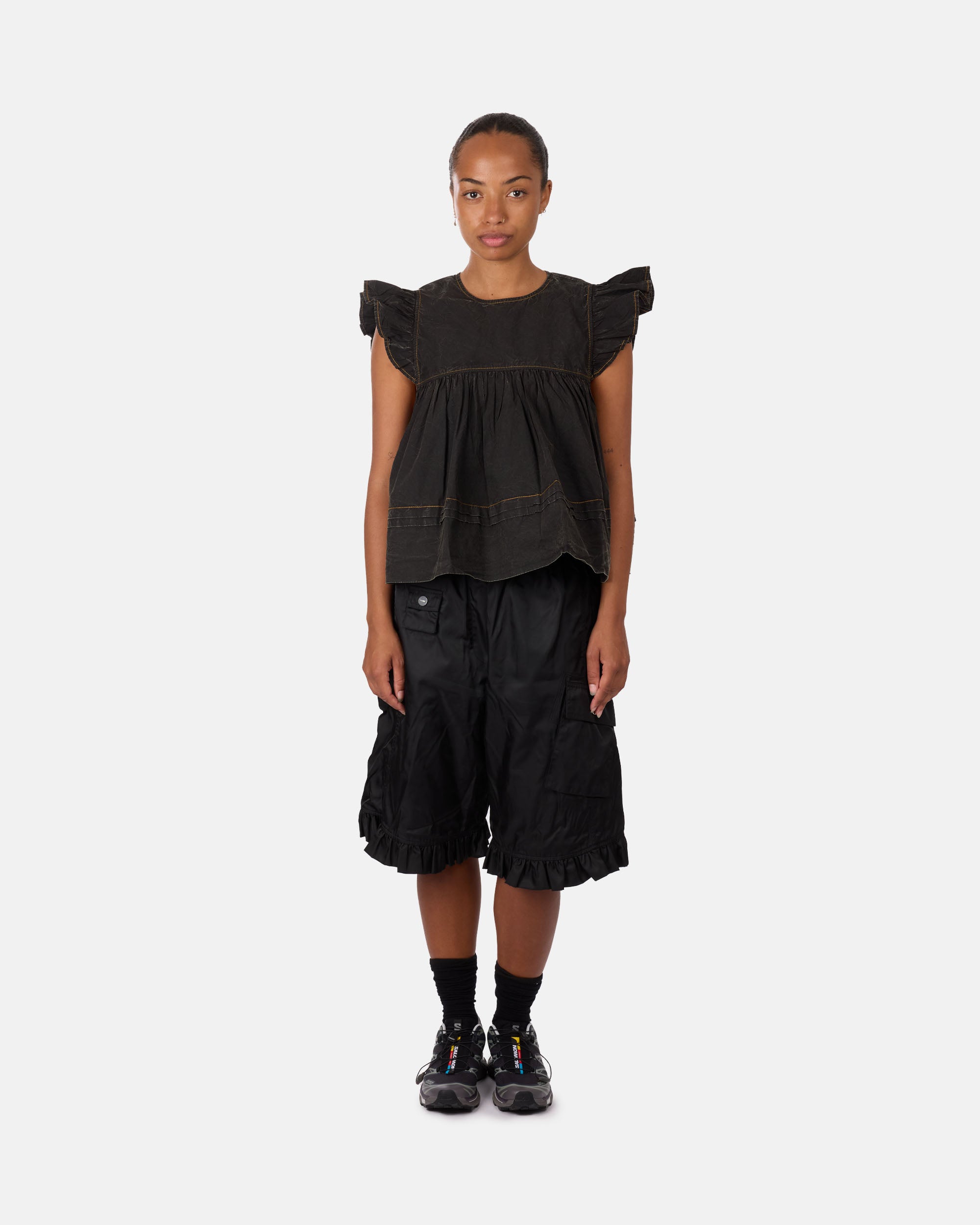 GANNI Garment Dyed Cotton Frill Sleeve Top Black W0587