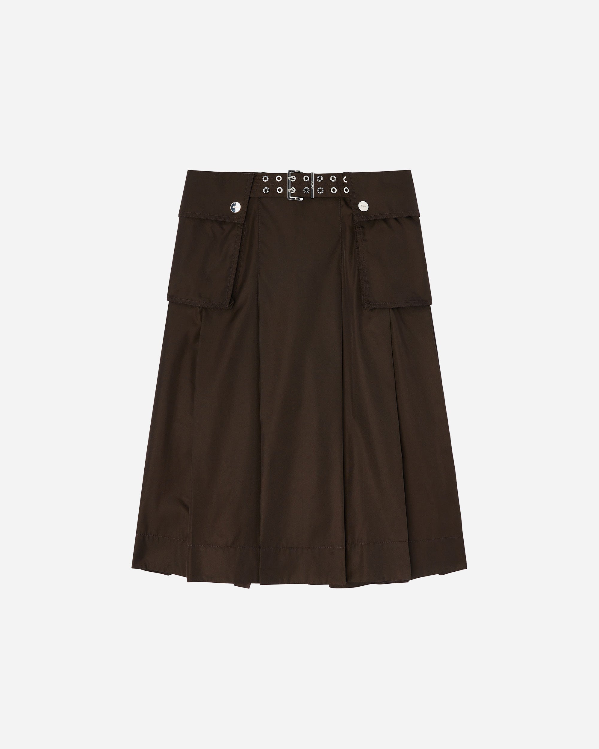 GANNI Duchesse Nylon Midi Pleated Pocket Skirt Demitasse A1090054-ZWX
