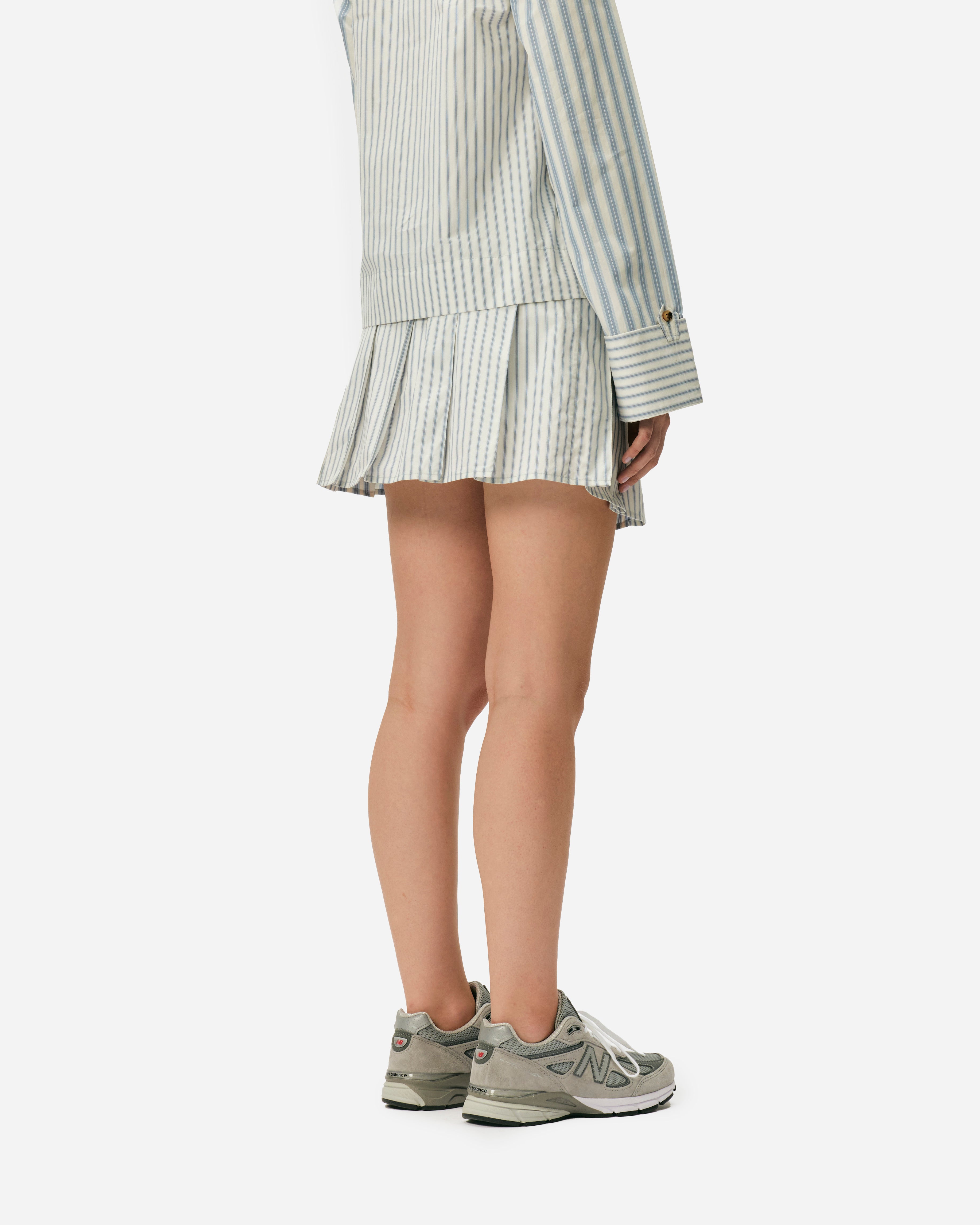 GANNI Stripe Cotton Pleated Mini Skirt Egret F9599-135