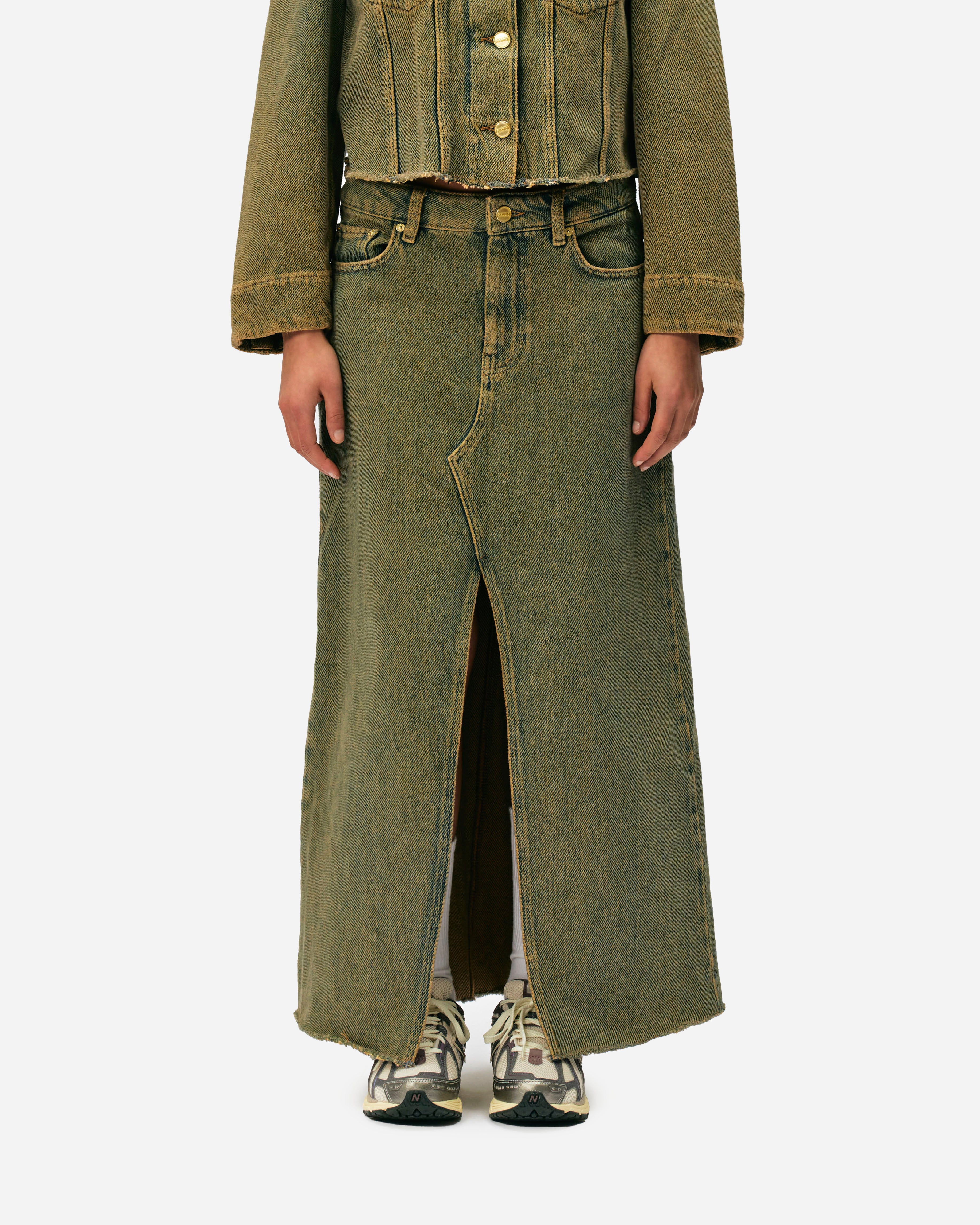 GANNI Überfärbter Maxirock aus schwerem Denim Shitake J1477