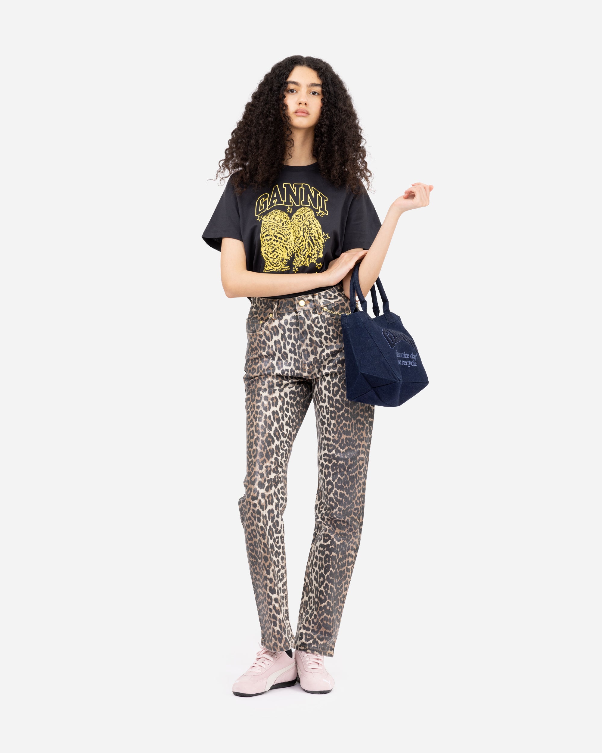 GANNI Foil Print Denim Carri Chain Leopard J1608