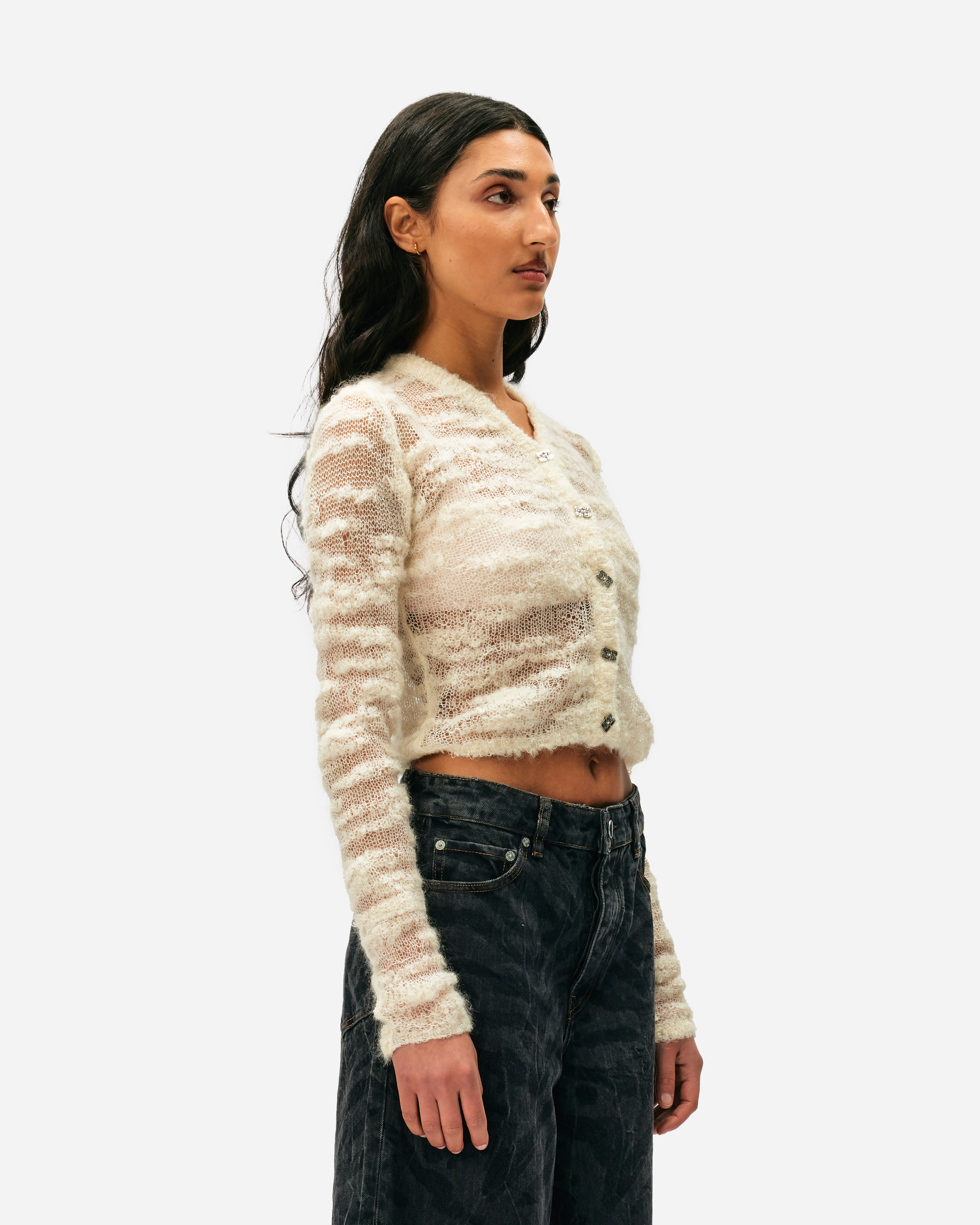 GANNI Alpaca Mohair Boucle Cardigan Egret K2254