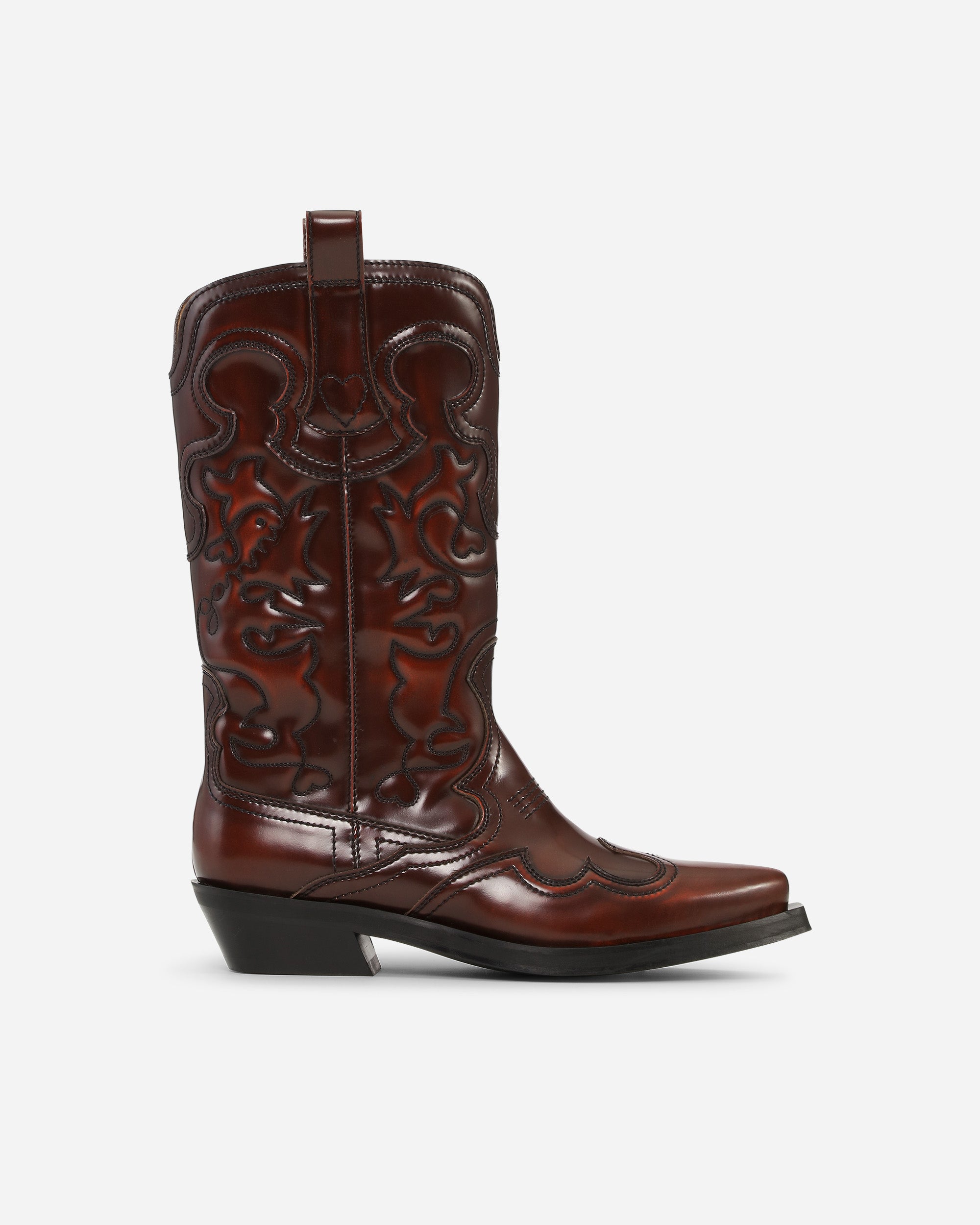 GANNI Mid Shaft Embroidered Western Boot Brushed Black/Dark Burgundy S3167