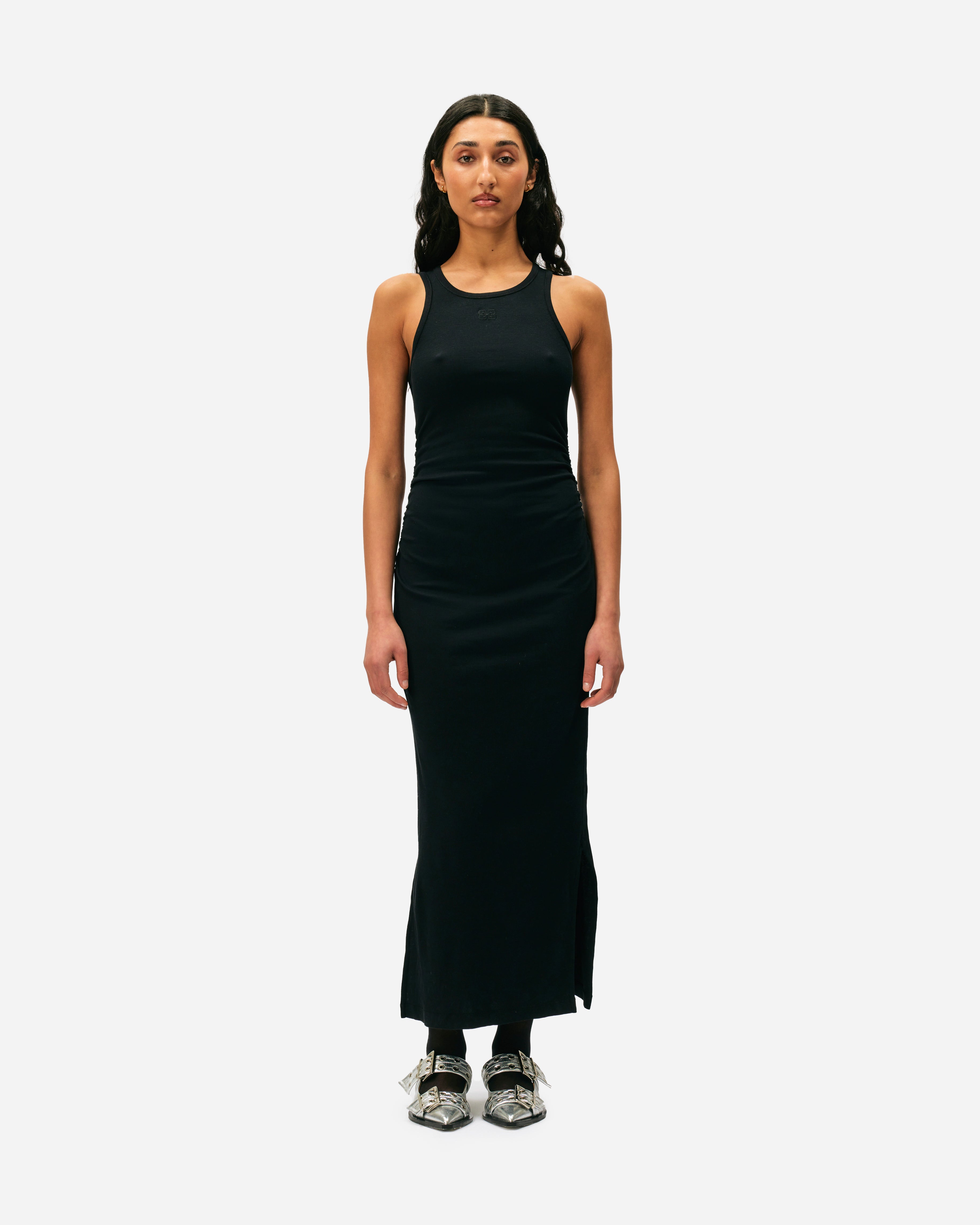 GANNI Soft Cotton Rib Tank Top Long Dress Black T3935