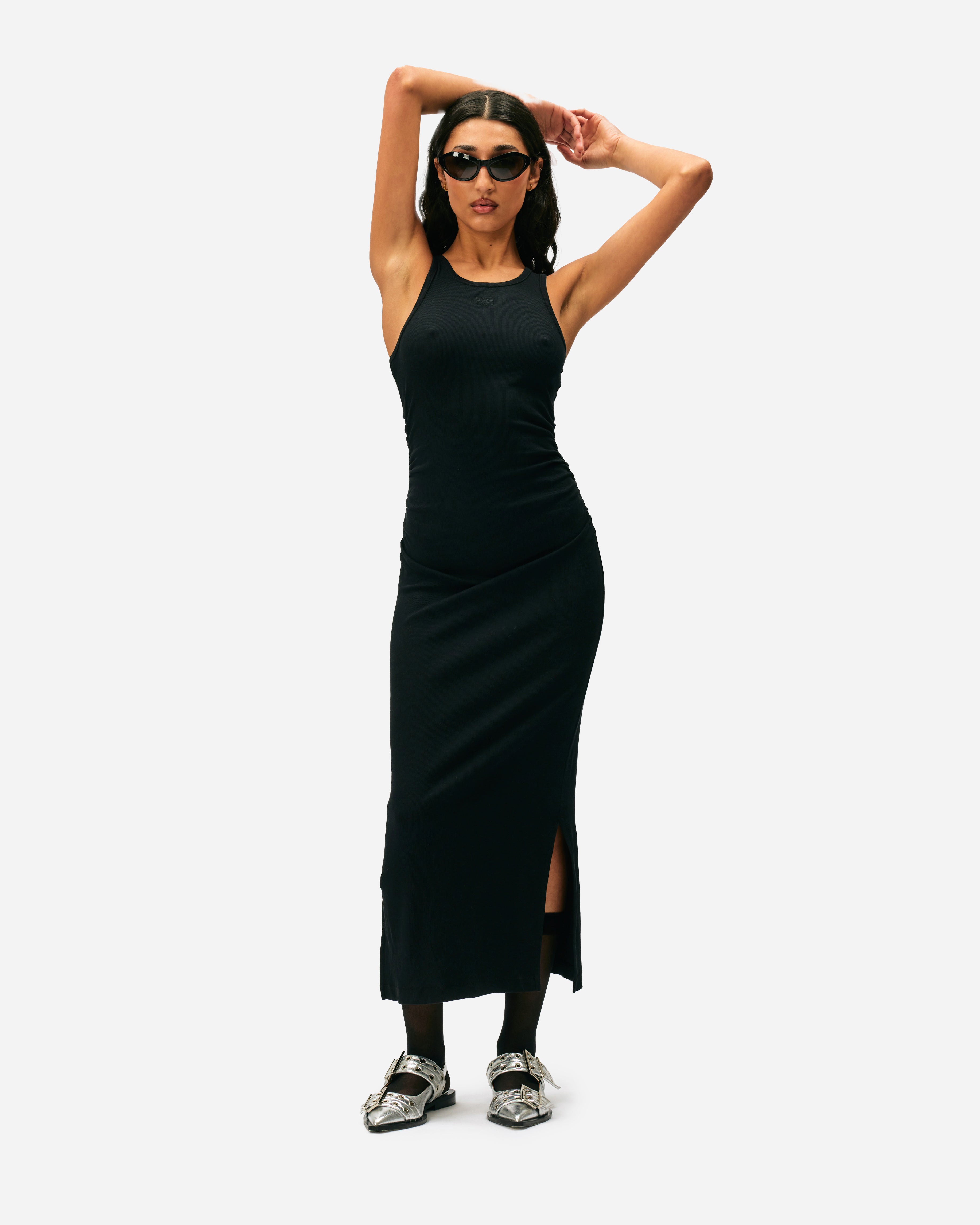 GANNI Soft Cotton Rib Tank Top Long Dress Black T3935