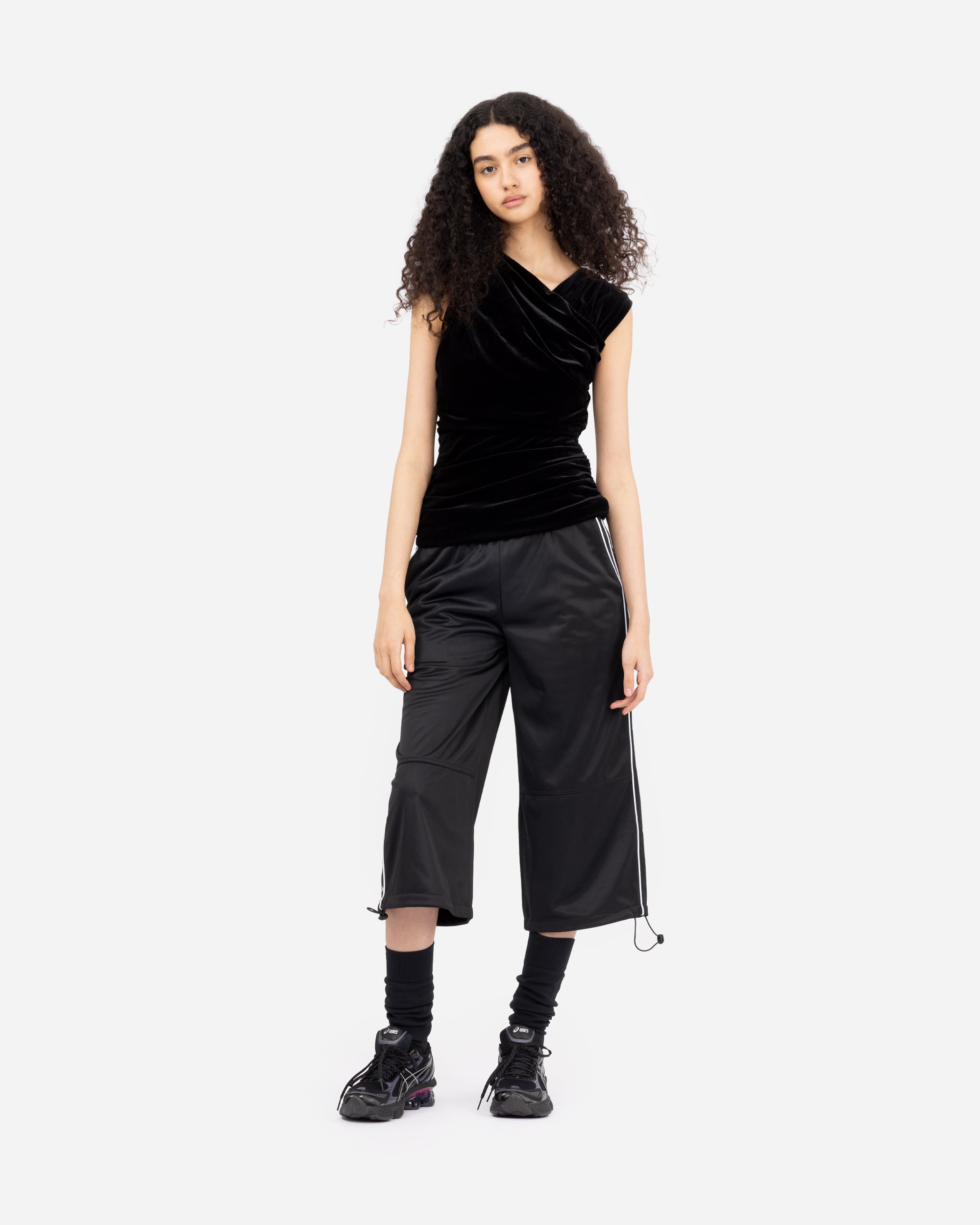 GANNI Velvet Jersey Ruched Crossover Blouse Black T4103