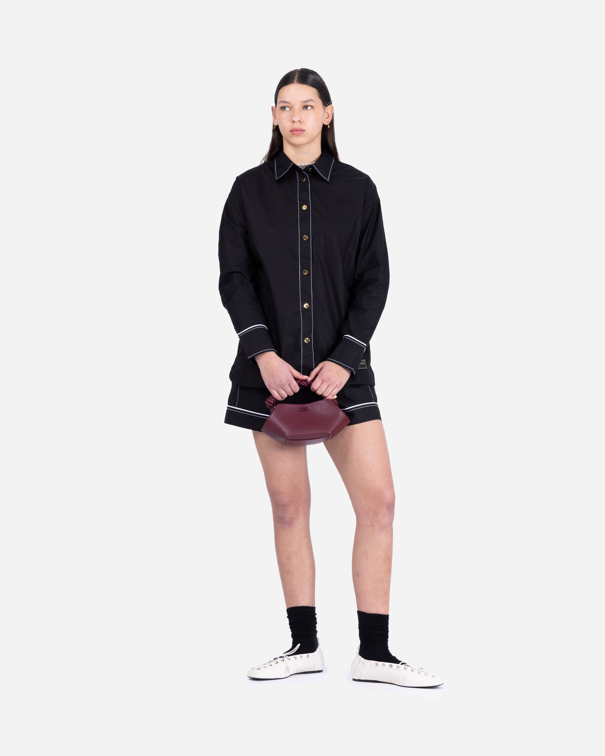 GANNI Cotton Poplin Raglan Shirt Black W0497