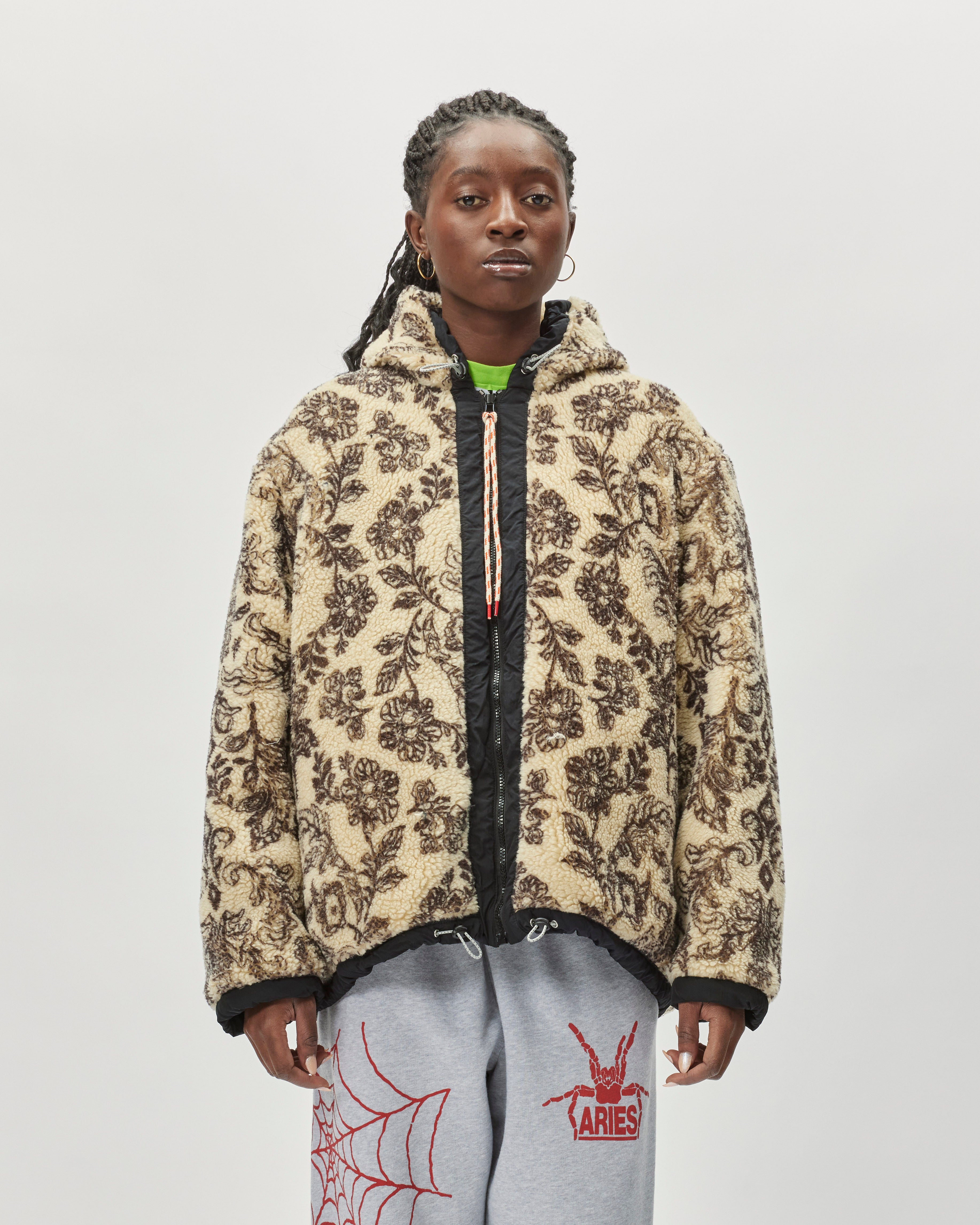 ARIES Reversible Nylon and Floral Fleece Parka Ecru RUAR70014